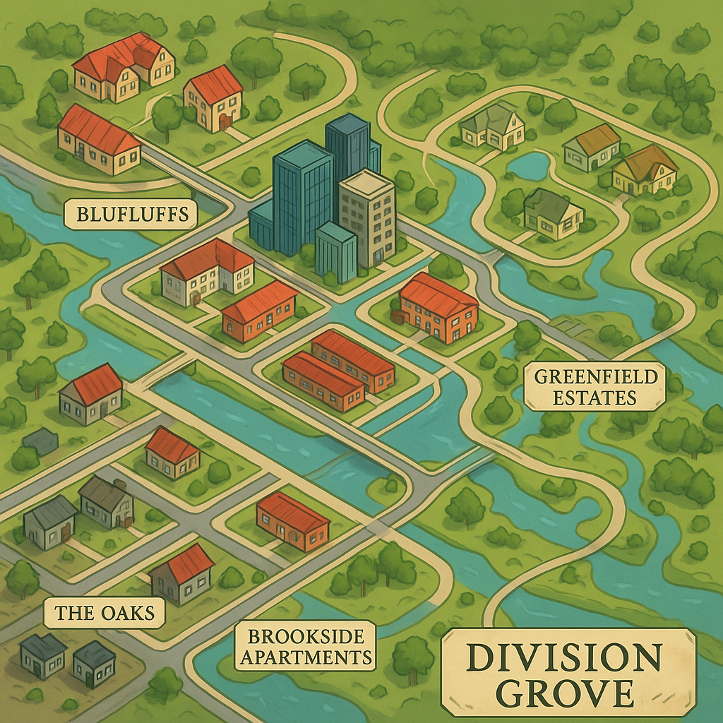 Stylized digital city map of Division Grove with neighborhoods from The Oaks to The Bluffs.